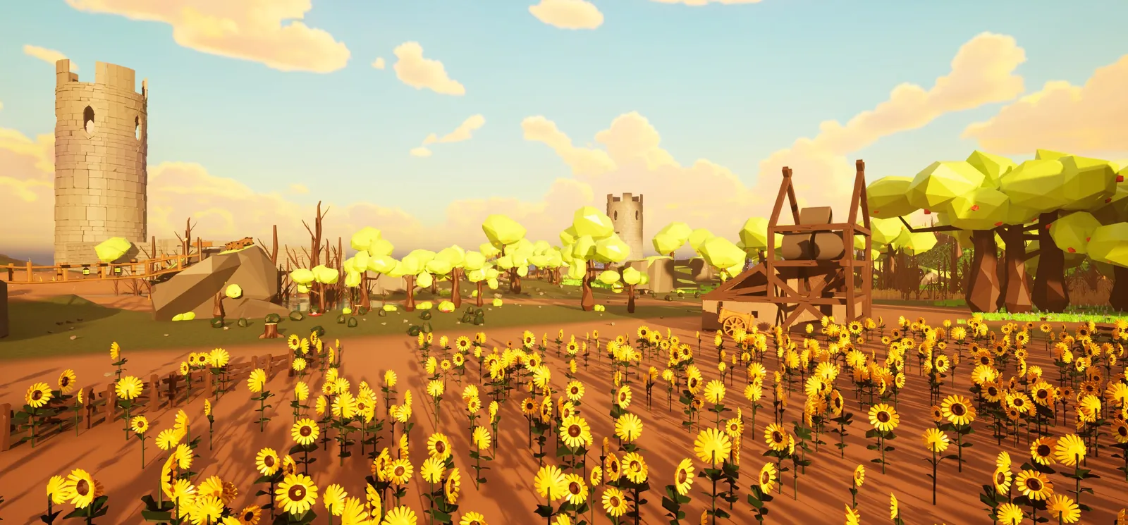 The Sanctuary of Eldoria — a field of sunflowers, stone towers and yellow-green trees