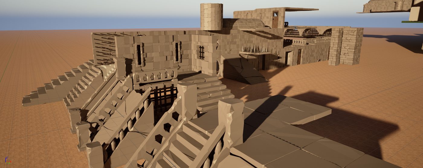 A structure assembled from modular stone pieces on a flat plane, no lighting — a blockout showing the kit clicked together