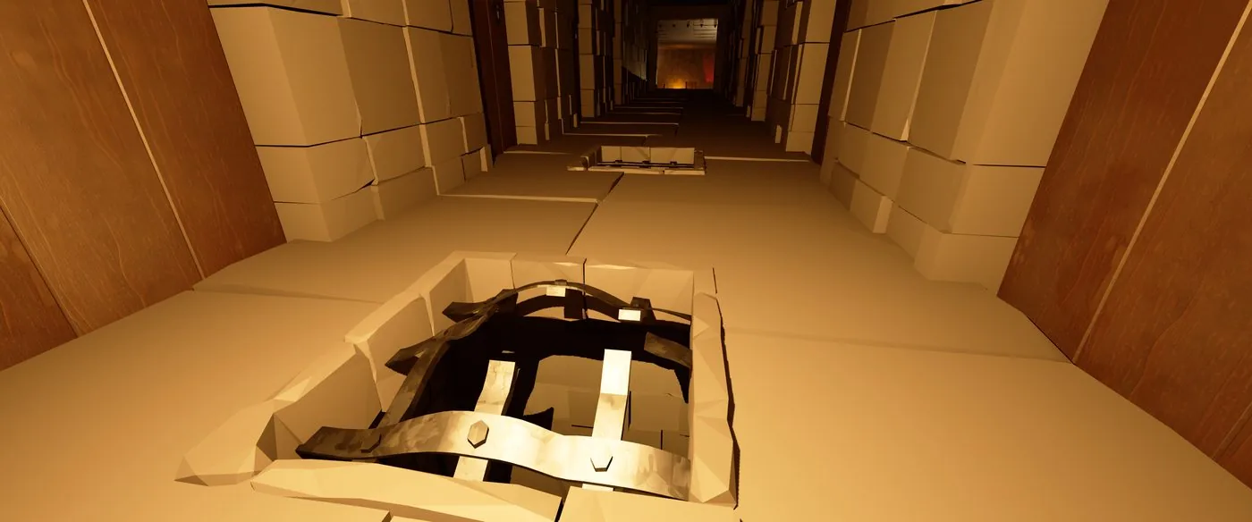 A dungeon corridor seen from above, with a hatch in the floor opened to reveal a mechanism below