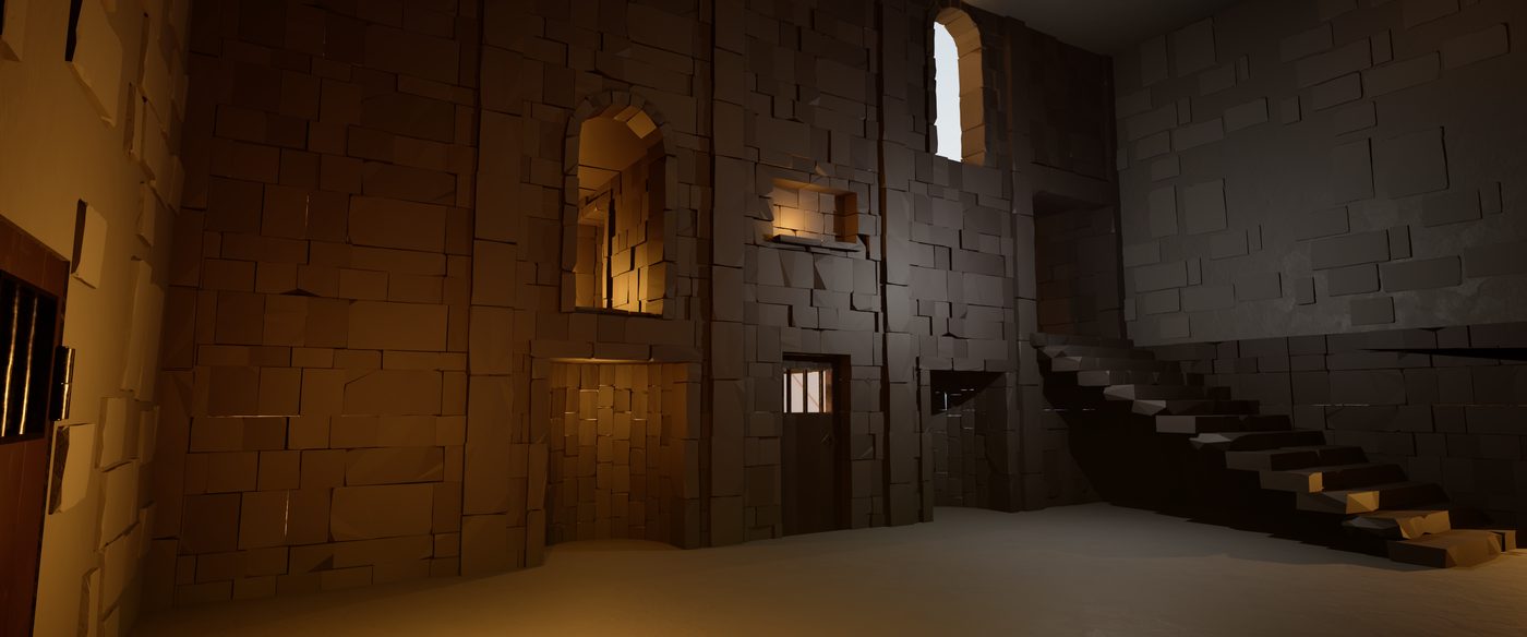 A tall multi-level stone chamber