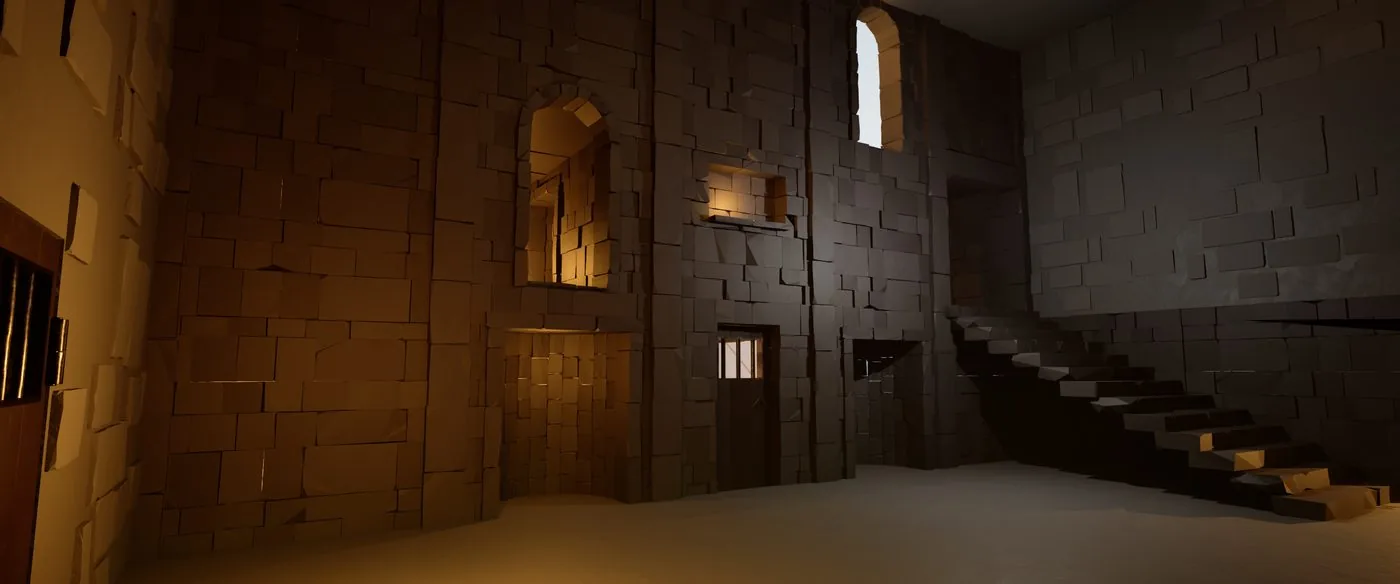 A tall multi-level stone chamber