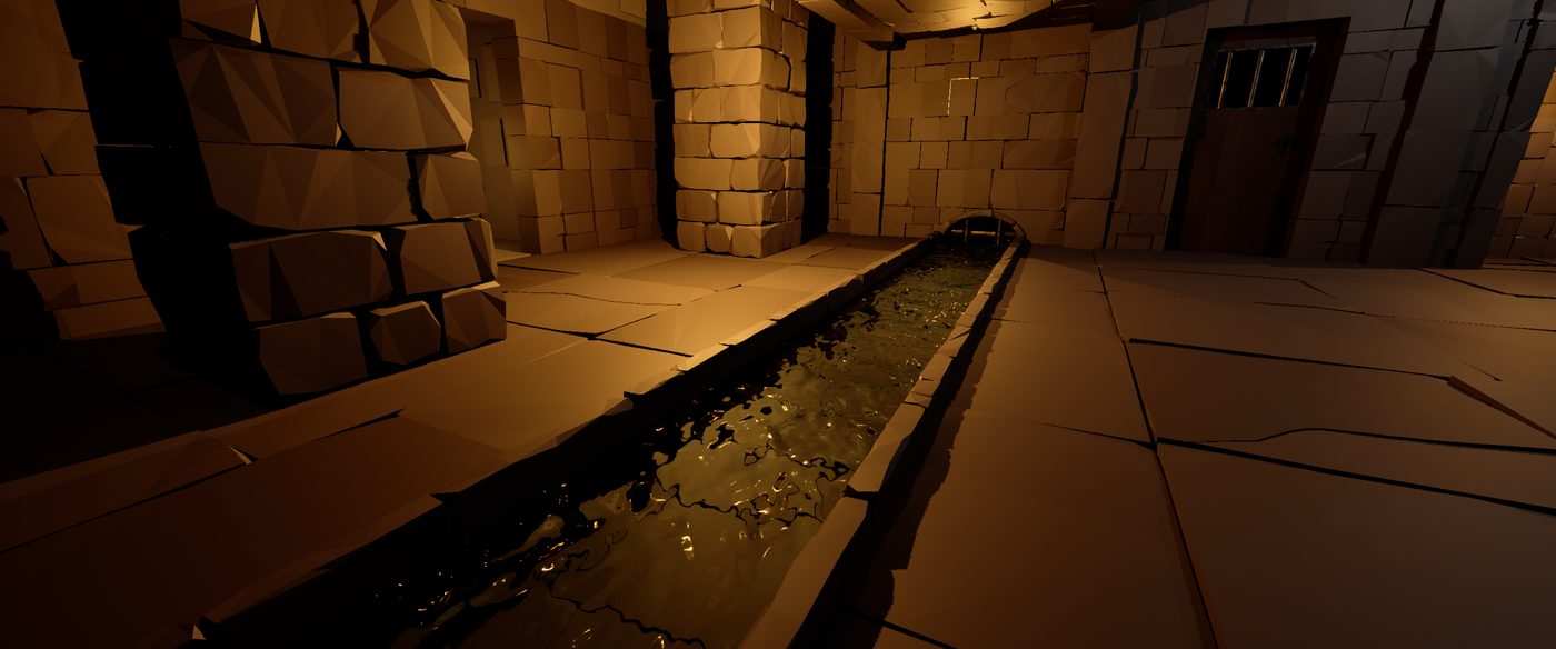 A stone channel of water running through a dungeon corridor