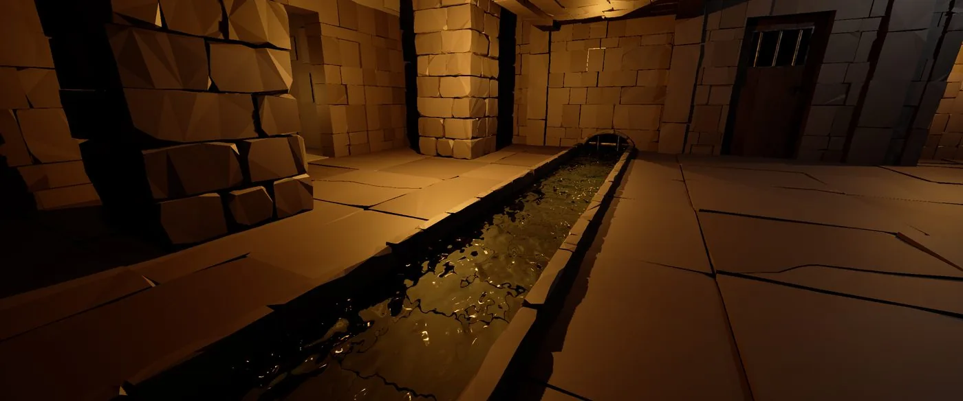 A stone channel of water running through a dungeon corridor