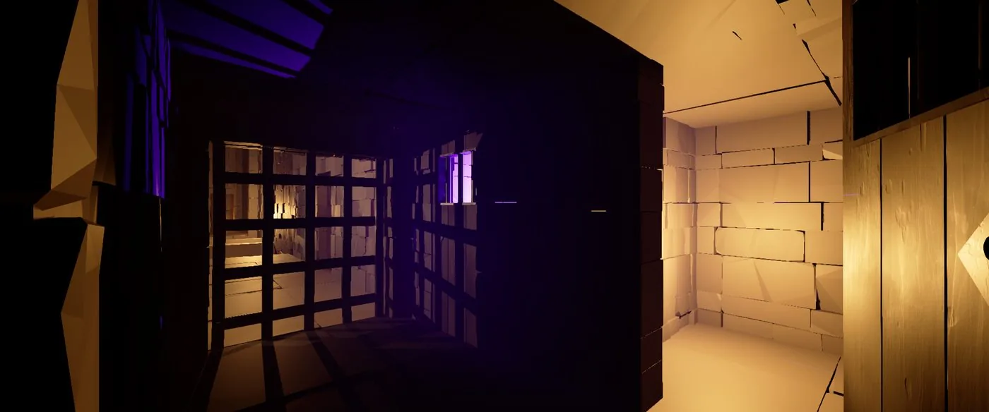 A dungeon room mid-dress: one side textured and lit with a strange coloured glow, the other still bare untextured geometry