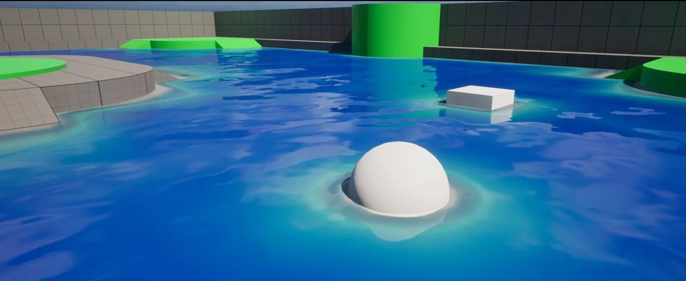 A stylised lake surface with a sphere and a cube half-submerged, test geometry around the edge