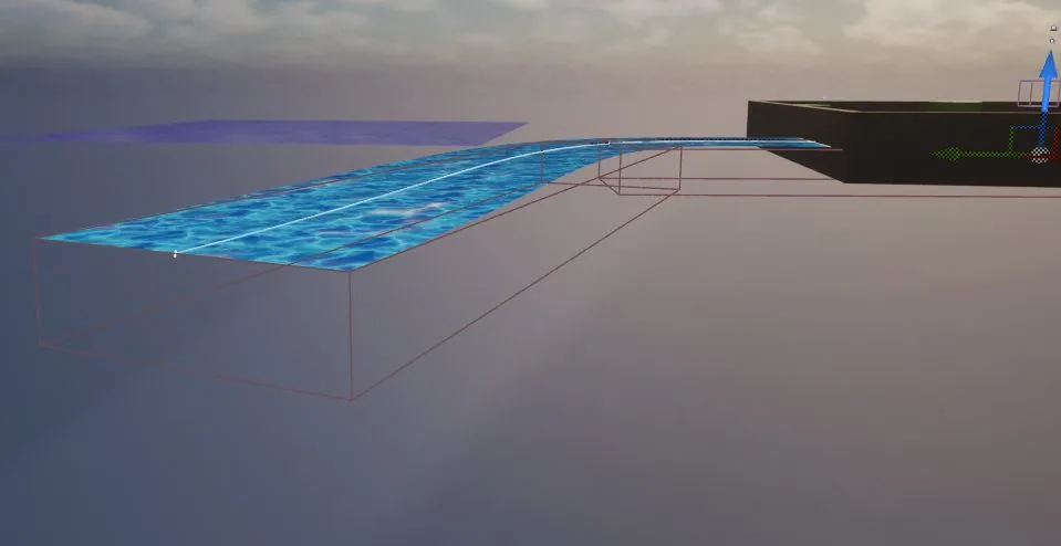 A spline-based river flowing from a platform, with its per-segment collision volume shown as a wireframe box