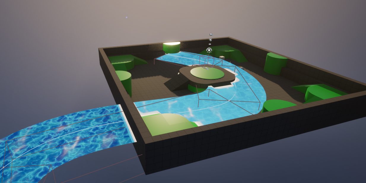 Top-down view of the water test level — a lake feeding a river, with placeholder geometry