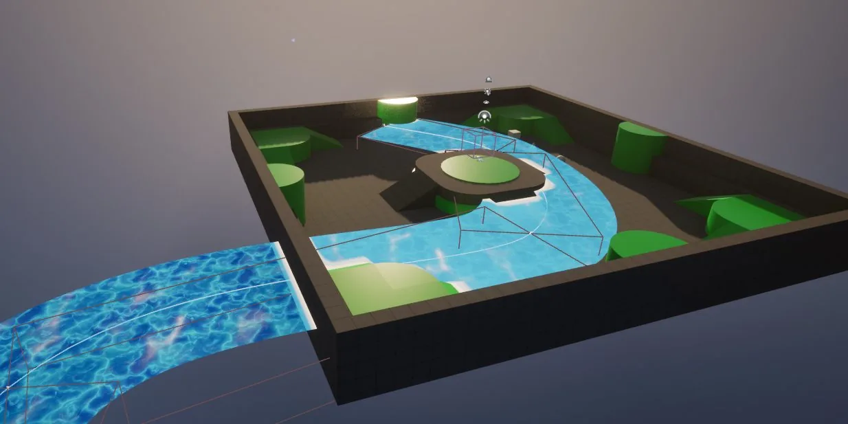 Top-down view of the water test level — a lake feeding a river, with placeholder geometry
