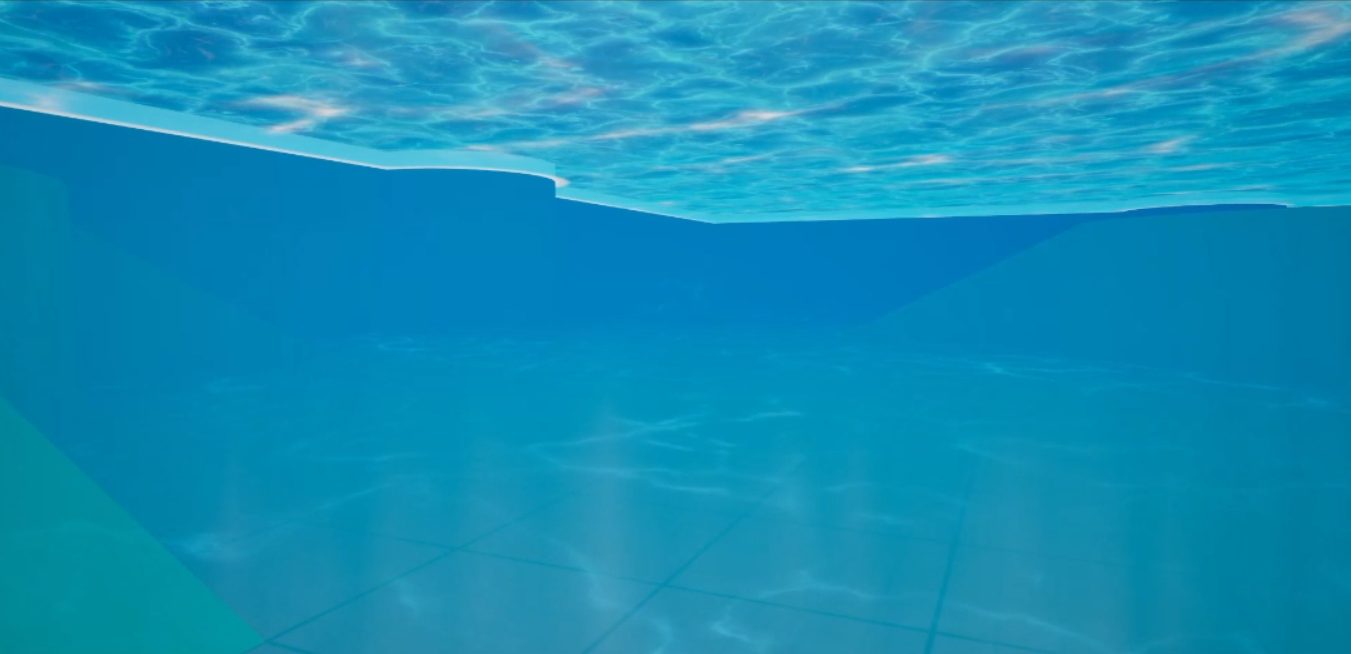 Looking up at the surface from underwater in Eldoria — dreamlike blue light