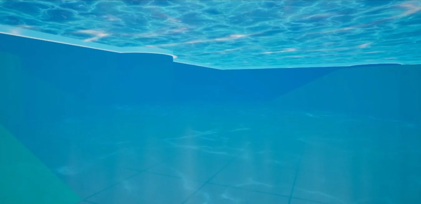 Looking up at the surface from underwater in Eldoria — dreamlike blue light