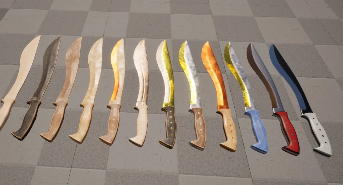 A row of curved Kopis blades sweeping through many materials and colours