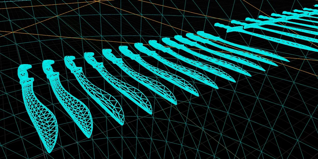 Wireframe view of the weapon meshes — low-poly geometry