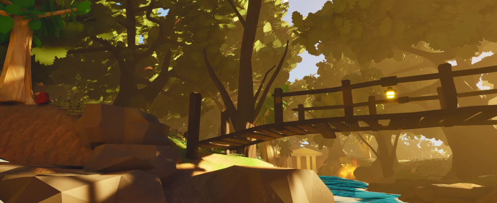 A wooden bridge and a stone temple above a turquoise river, in the golden forests of Eldoria