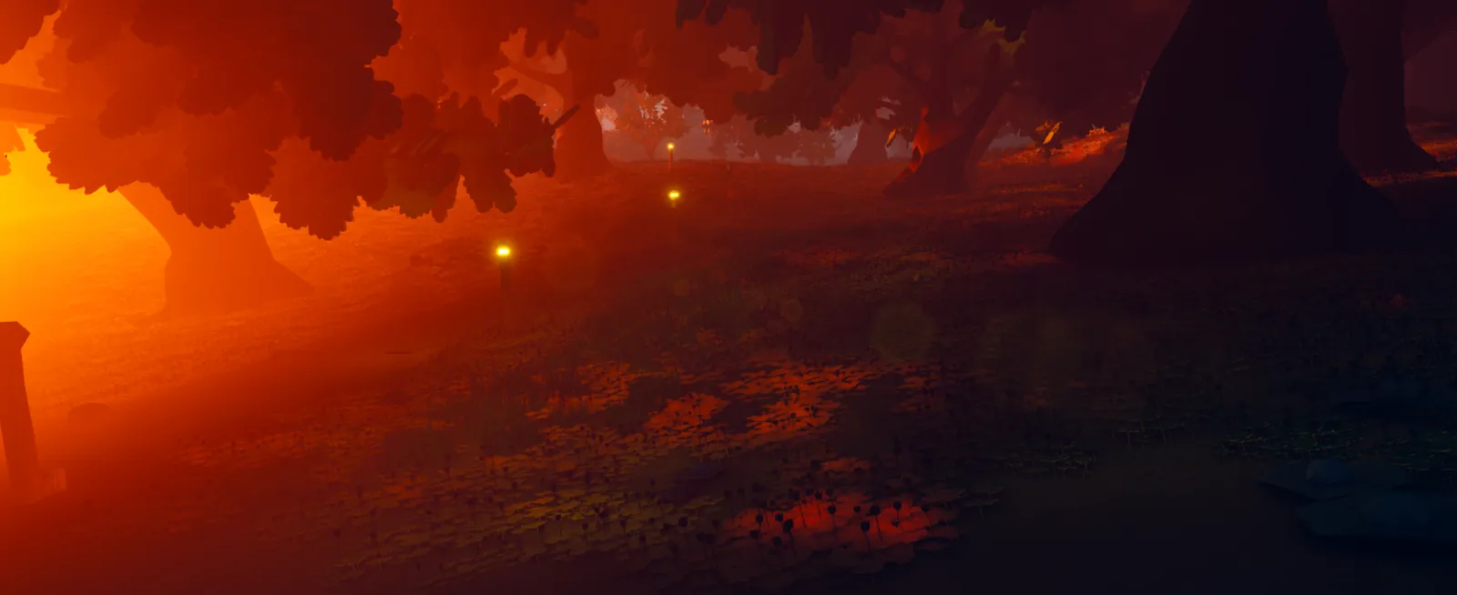 A crimson dusk over the forests of Eldoria, glowing motes drifting between the silhouetted trees