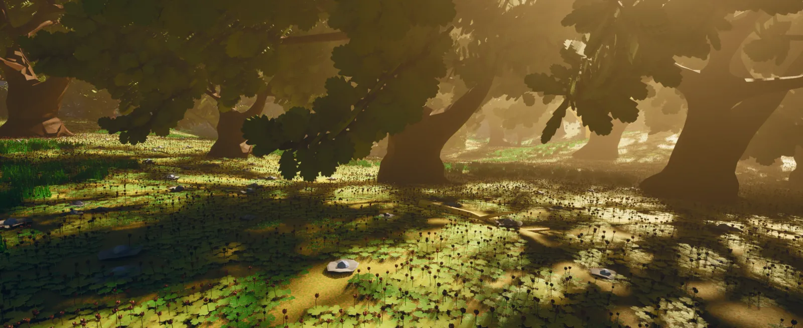 Islands of the Blessed — a sunlit forest glade in Eldoria, tall oaks over a flowering meadow