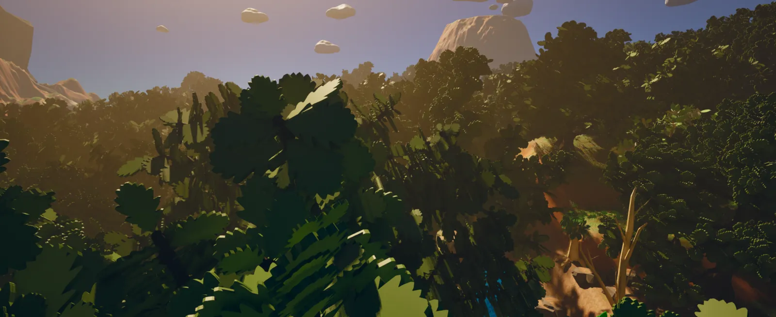 A green forest canopy in Eldoria under a bright sky, distant cliffs on the horizon
