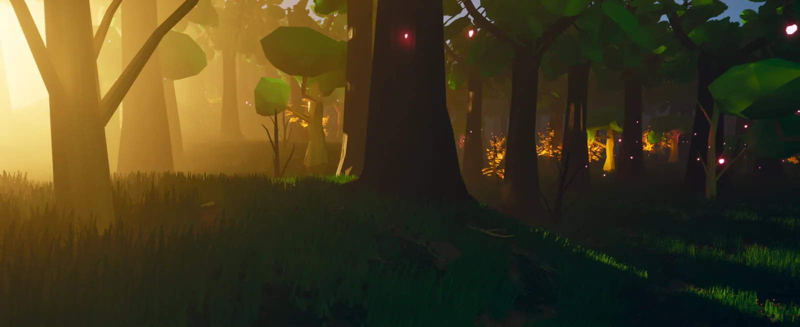 A misty forest in Eldoria at dusk, golden light and glowing motes drifting between the trees