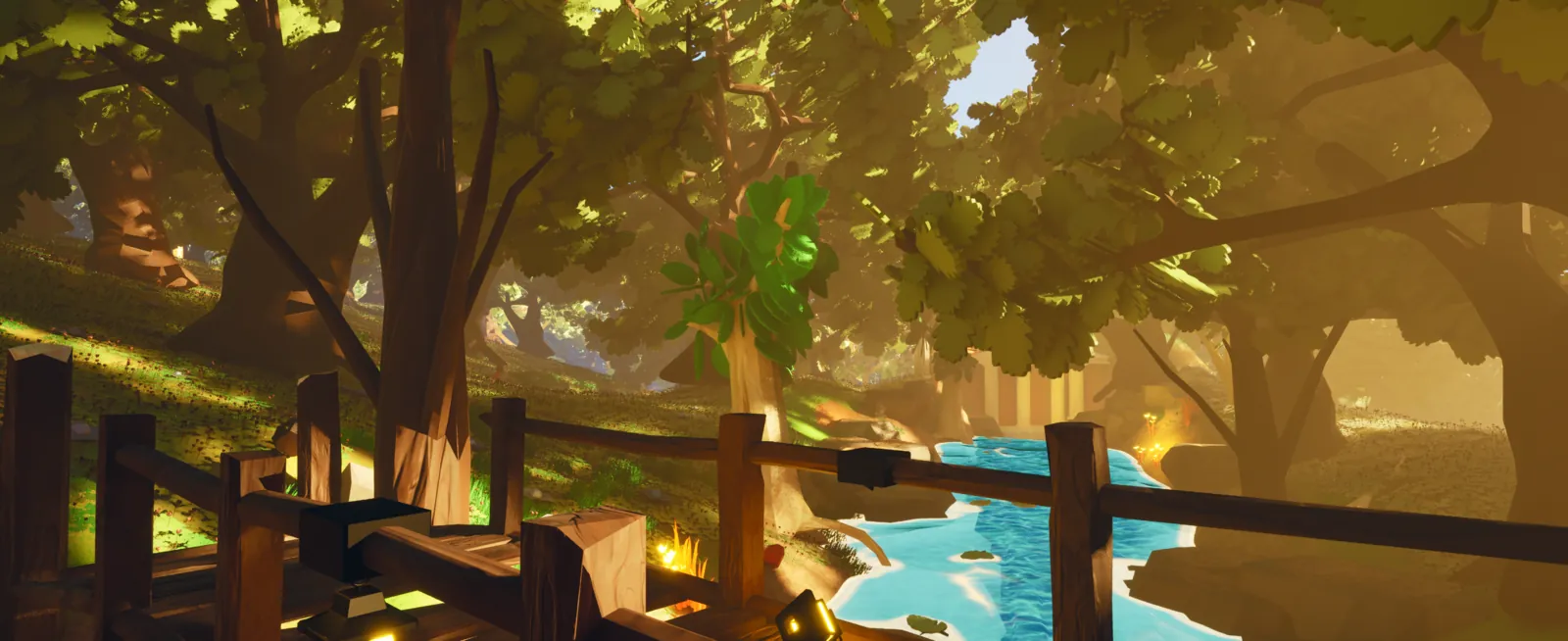 A wooden deck running along a turquoise river through the golden woods of Eldoria